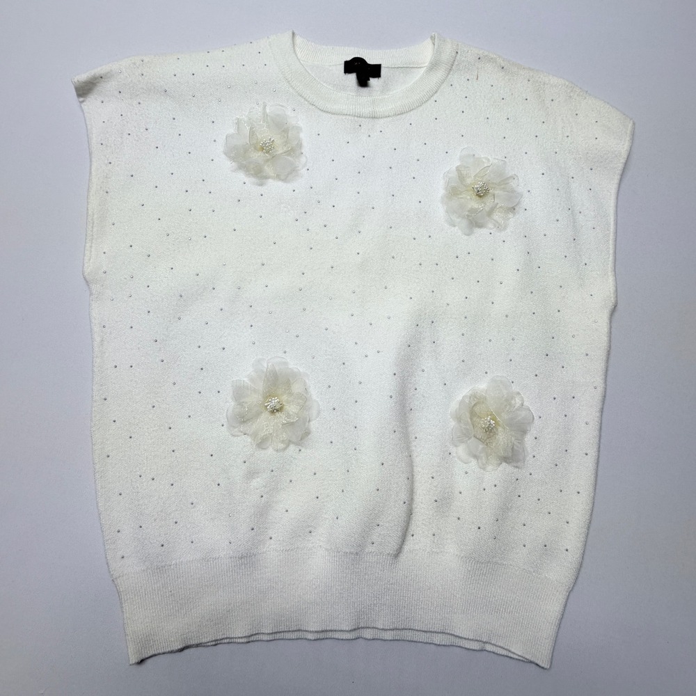 Ontwelfth Womens White 3D Floral Rhinestone Pearl Knit Sweater Vest XL